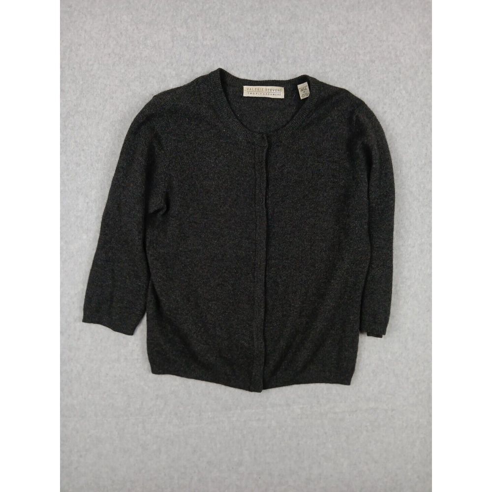 VALERIE STEVENS 100% 2 Ply‎ Cashmere Cardigan Sweater Medium Gray Snap up EUC